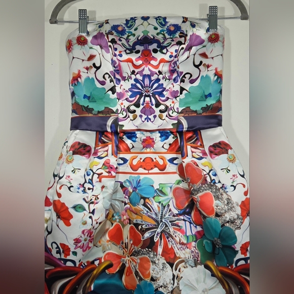 RARE MARY KATRANTZOU X TOPSHOP CARNIVAL PRINT STRAPLESS DRESS. - Picture 2 of 6
